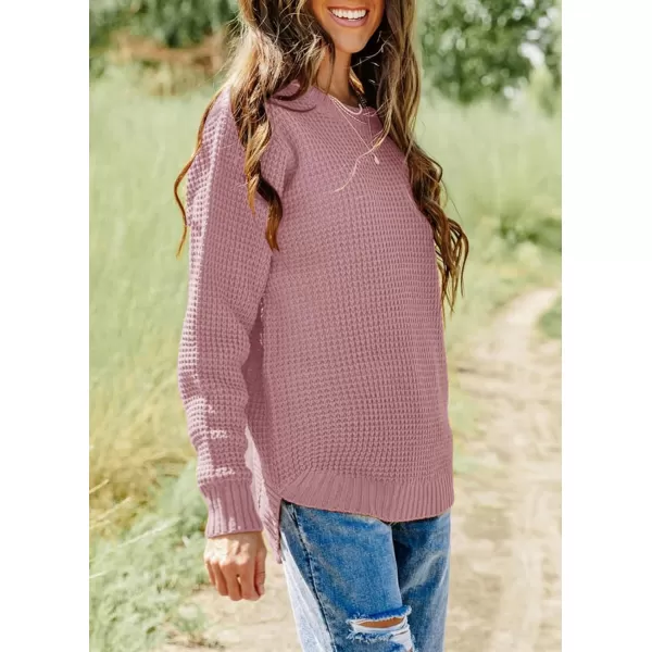 imageZESICAnbspWomens 2024nbspFall Long Sleeve Crew Neck Waffle Knit Casual Loose Oversized Pullover Sweater Jumper TopsPink