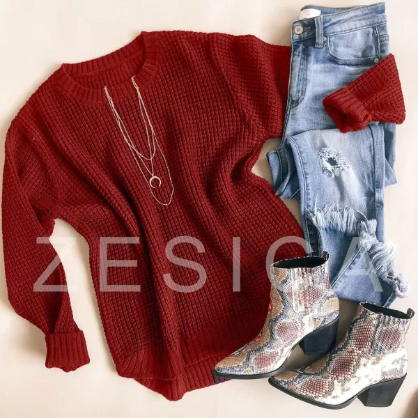 imageZESICAnbspWomens 2024nbspFall Long Sleeve Crew Neck Waffle Knit Casual Loose Oversized Pullover Sweater Jumper TopsRust