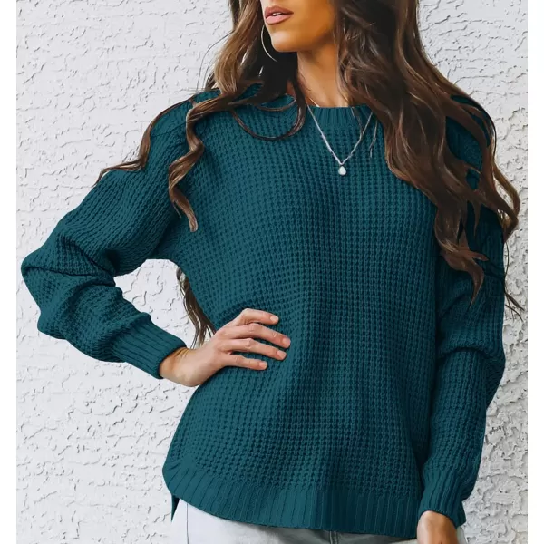 imageZESICAnbspWomens 2024nbspFall Long Sleeve Crew Neck Waffle Knit Casual Loose Oversized Pullover Sweater Jumper TopsTeal