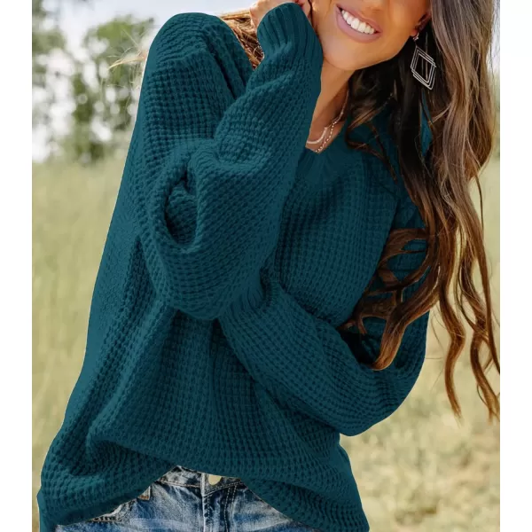 imageZESICAnbspWomens 2024nbspFall Long Sleeve Crew Neck Waffle Knit Casual Loose Oversized Pullover Sweater Jumper TopsTeal