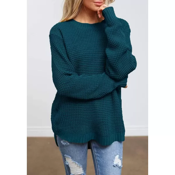imageZESICAnbspWomens 2024nbspFall Long Sleeve Crew Neck Waffle Knit Casual Loose Oversized Pullover Sweater Jumper TopsTeal
