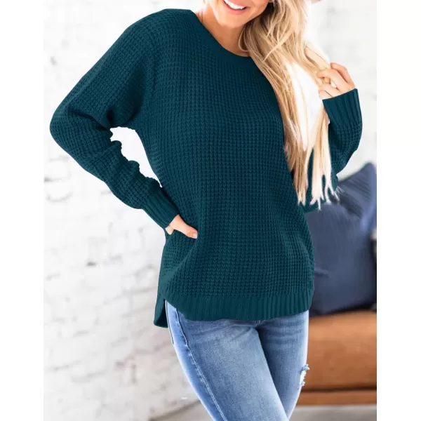 imageZESICAnbspWomens 2024nbspFall Long Sleeve Crew Neck Waffle Knit Casual Loose Oversized Pullover Sweater Jumper TopsTeal