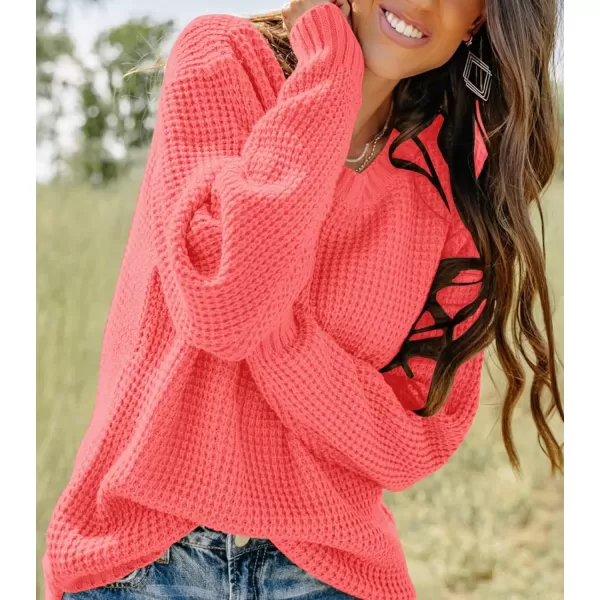 imageZESICAnbspWomens 2024nbspFall Long Sleeve Crew Neck Waffle Knit Casual Loose Oversized Pullover Sweater Jumper TopsWatermelon
