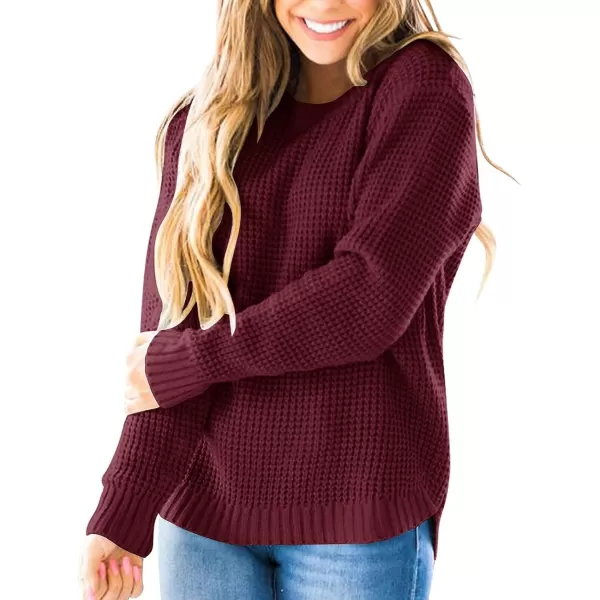 imageZESICAnbspWomens 2024nbspFall Long Sleeve Crew Neck Waffle Knit Casual Loose Oversized Pullover Sweater Jumper TopsWine