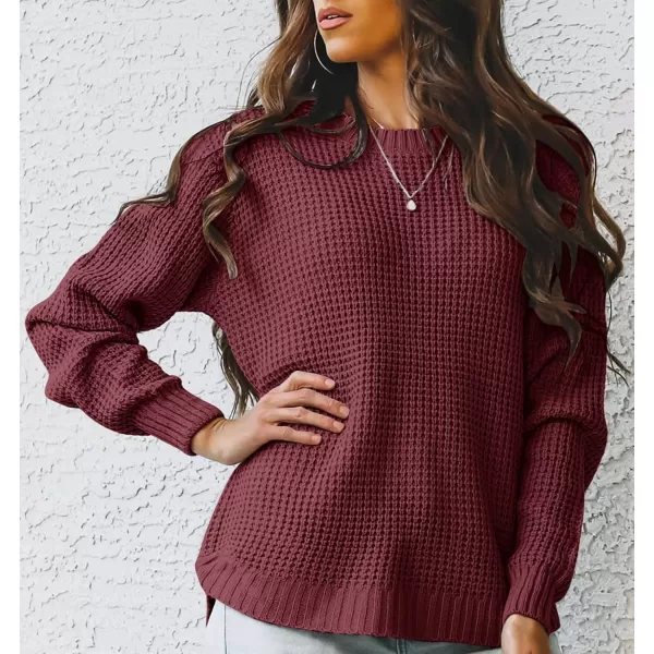 imageZESICAnbspWomens 2024nbspFall Long Sleeve Crew Neck Waffle Knit Casual Loose Oversized Pullover Sweater Jumper TopsWine