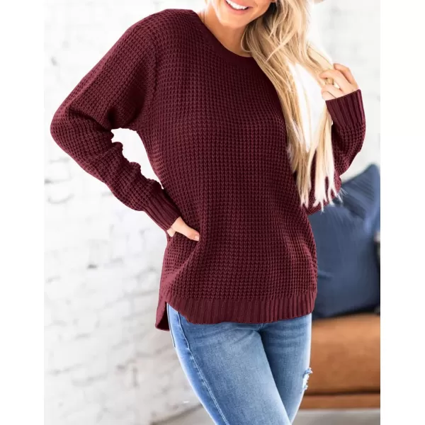 imageZESICAnbspWomens 2024nbspFall Long Sleeve Crew Neck Waffle Knit Casual Loose Oversized Pullover Sweater Jumper TopsWine