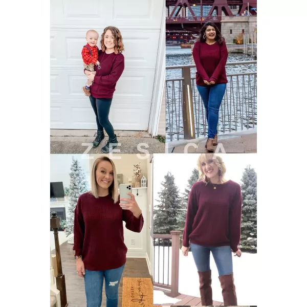 imageZESICAnbspWomens 2024nbspFall Long Sleeve Crew Neck Waffle Knit Casual Loose Oversized Pullover Sweater Jumper TopsWine