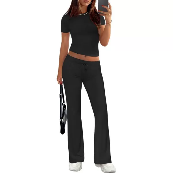 imageZESCA Womens 2 Piece Lounge Sets Casual Y2K Outfits Short Sleeve Crop Top Fold over Flare Pants TracksuitsBlack