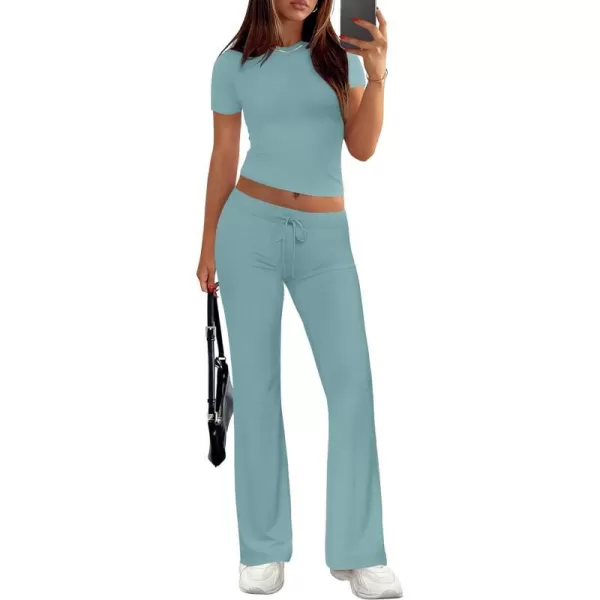 imageZESCA Womens 2 Piece Lounge Sets Casual Y2K Outfits Short Sleeve Crop Top Fold over Flare Pants TracksuitsBlue
