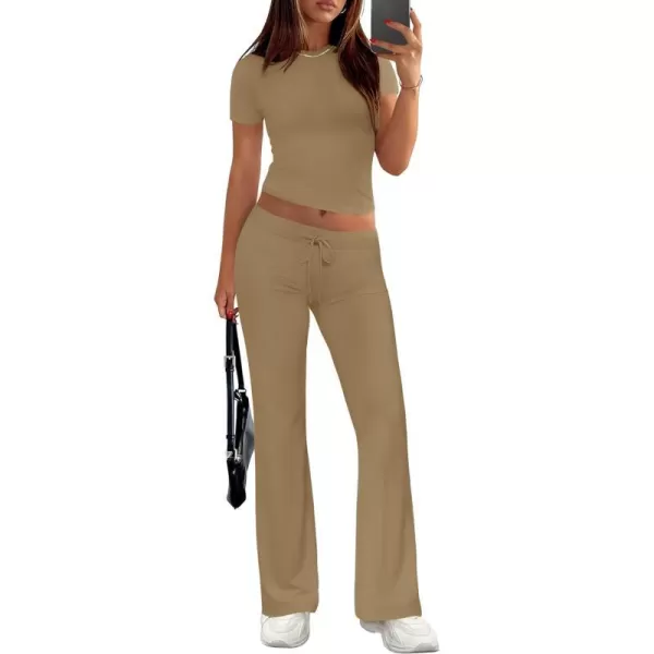imageZESCA Womens 2 Piece Lounge Sets Casual Y2K Outfits Short Sleeve Crop Top Fold over Flare Pants TracksuitsBrown