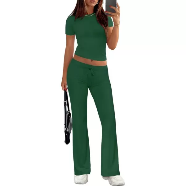 imageZESCA Womens 2 Piece Lounge Sets Casual Y2K Outfits Short Sleeve Crop Top Fold over Flare Pants TracksuitsGreen
