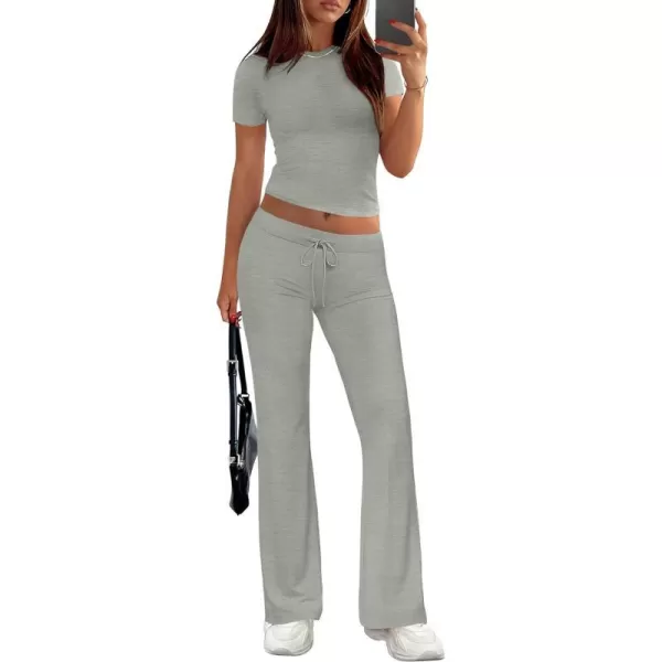 imageZESCA Womens 2 Piece Lounge Sets Casual Y2K Outfits Short Sleeve Crop Top Fold over Flare Pants TracksuitsGrey