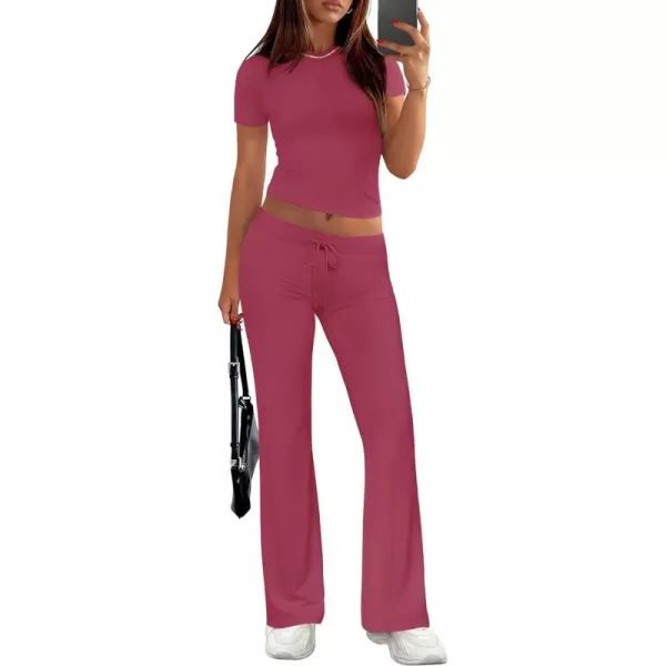 imageZESCA Womens 2 Piece Lounge Sets Casual Y2K Outfits Short Sleeve Crop Top Fold over Flare Pants TracksuitsHot Pink
