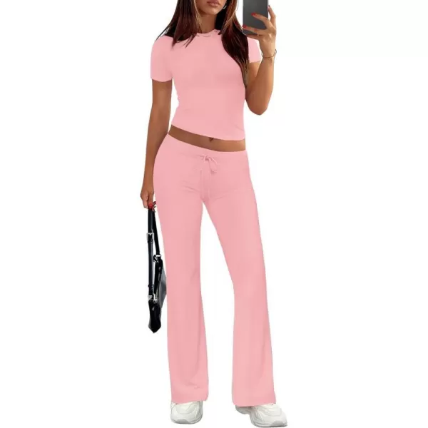imageZESCA Womens 2 Piece Lounge Sets Casual Y2K Outfits Short Sleeve Crop Top Fold over Flare Pants TracksuitsPink