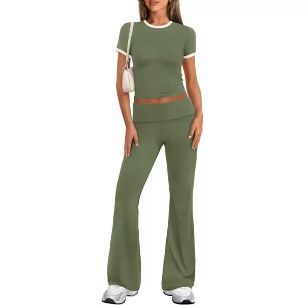 imageZESCA Womens 2 Piece Outfits Lounge Sets Causal Short Sleeve Knit Crop Top Fold over Flare Pants TracksuitsArmy Green