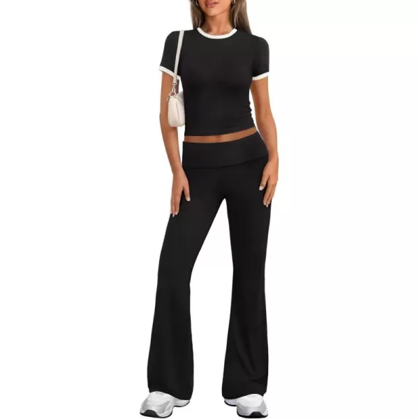 imageZESCA Womens 2 Piece Outfits Lounge Sets Causal Short Sleeve Knit Crop Top Fold over Flare Pants TracksuitsBlack