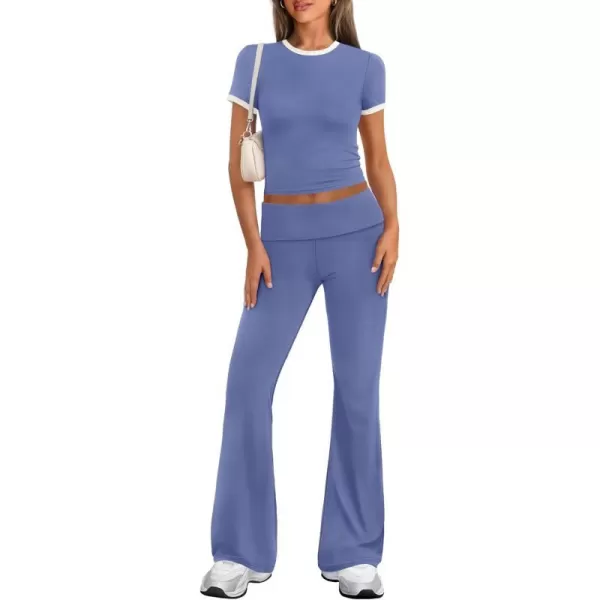 imageZESCA Womens 2 Piece Outfits Lounge Sets Causal Short Sleeve Knit Crop Top Fold over Flare Pants TracksuitsBlue