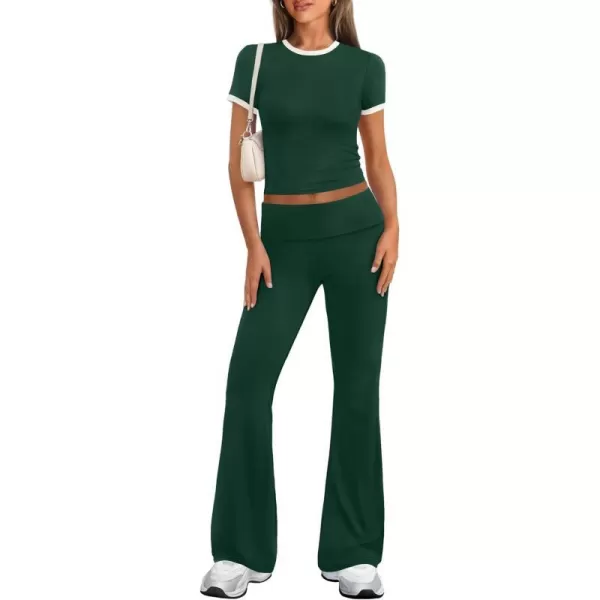 imageZESCA Womens 2 Piece Outfits Lounge Sets Causal Short Sleeve Knit Crop Top Fold over Flare Pants TracksuitsGreen