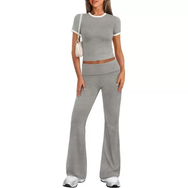 imageZESCA Womens 2 Piece Outfits Lounge Sets Causal Short Sleeve Knit Crop Top Fold over Flare Pants TracksuitsGrey