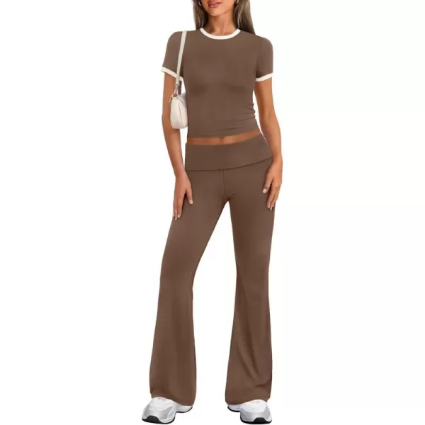 imageZESCA Womens 2 Piece Outfits Lounge Sets Causal Short Sleeve Knit Crop Top Fold over Flare Pants TracksuitsKhaki
