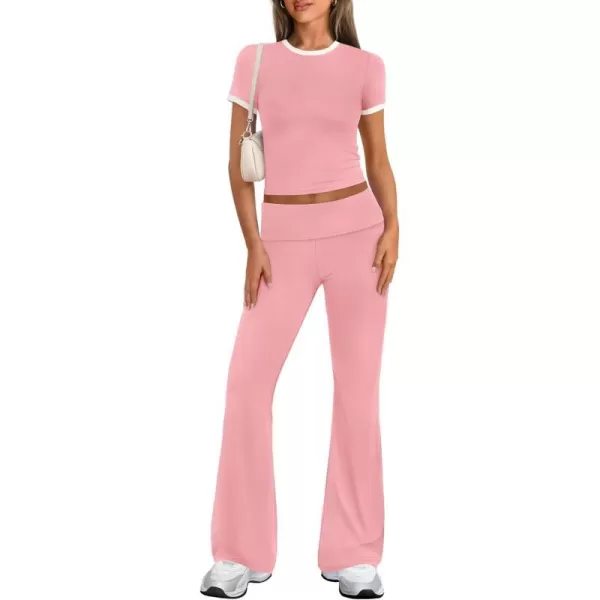 imageZESCA Womens 2 Piece Outfits Lounge Sets Causal Short Sleeve Knit Crop Top Fold over Flare Pants TracksuitsPink