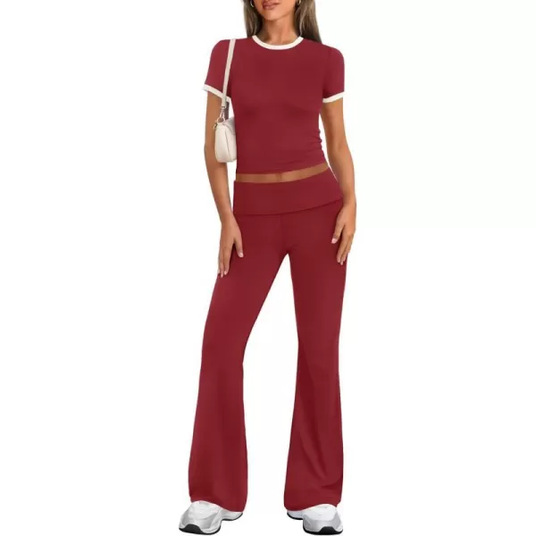 imageZESCA Womens 2 Piece Outfits Lounge Sets Causal Short Sleeve Knit Crop Top Fold over Flare Pants TracksuitsRed