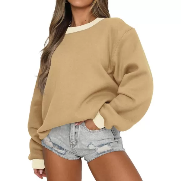 imageZESICA 2023 Sweatshirts for Women Casual Oversized Long Sleeve Crewneck Y2K Fleece Loose Pullover Sweatshirt TopsKhaki