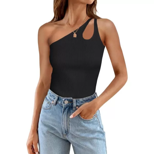 imageZESICA One Shoulder Tops for Women Sleeveless Summer Top Cut Out T Shirt Ribbed Knit Basic Tank Slim Fit 2024 FashionBlack