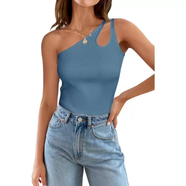 imageZESICA One Shoulder Tops for Women Sleeveless Summer Top Cut Out T Shirt Ribbed Knit Basic Tank Slim Fit 2024 FashionGray Blue