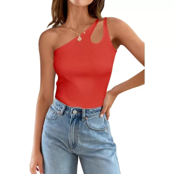 imageZESICA One Shoulder Tops for Women Sleeveless Summer Top Cut Out T Shirt Ribbed Knit Basic Tank Slim Fit 2024 FashionOrange Red