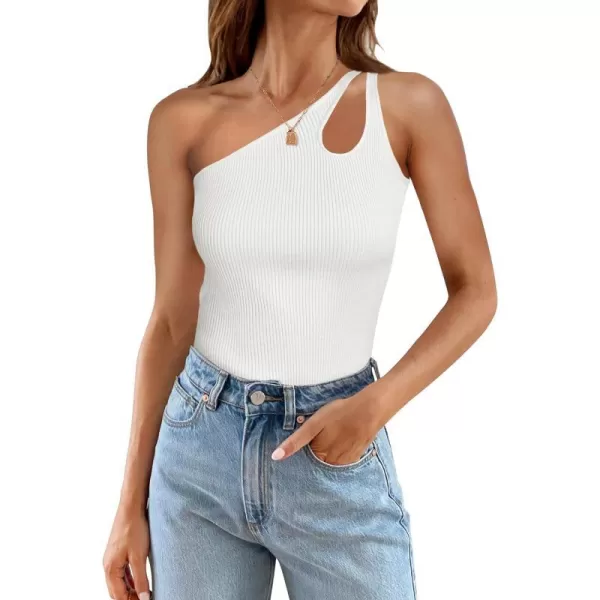 imageZESICA One Shoulder Tops for Women Sleeveless Summer Top Cut Out T Shirt Ribbed Knit Basic Tank Slim Fit 2024 FashionWhite