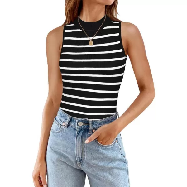 imageZESICA Ribbed Tank Top for Women Summer Sleeveless Shirts High Neck Striped Basic Casual Slim Fitted 2024 FashionBlack