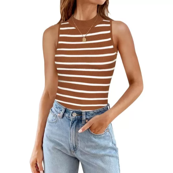 imageZESICA Ribbed Tank Top for Women Summer Sleeveless Shirts High Neck Striped Basic Casual Slim Fitted 2024 FashionBrown