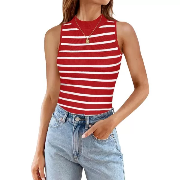 imageZESICA Ribbed Tank Top for Women Summer Sleeveless Shirts High Neck Striped Basic Casual Slim Fitted 2024 FashionRed