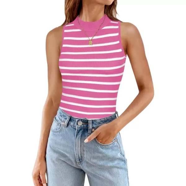 imageZESICA Ribbed Tank Top for Women Summer Sleeveless Shirts High Neck Striped Basic Casual Slim Fitted 2024 FashionRose