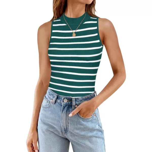 imageZESICA Ribbed Tank Top for Women Summer Sleeveless Shirts High Neck Striped Basic Casual Slim Fitted 2024 FashionTeal