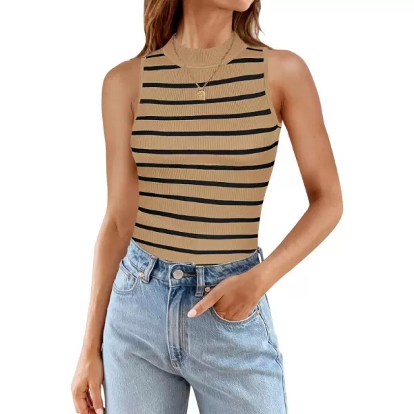 imageZESICA Ribbed Tank Top for Women Summer Sleeveless Shirts High Neck Striped Basic Casual Slim Fitted 2024 FashionToffee