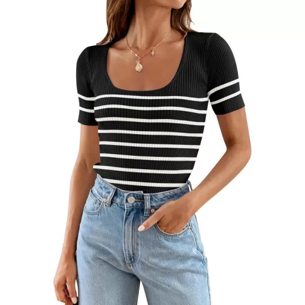 imageZESICA Striped Tops for Women Summer Square Neck Top Basic Slim Tee Shirts Fashion 2024 Trendy ClothesBlack