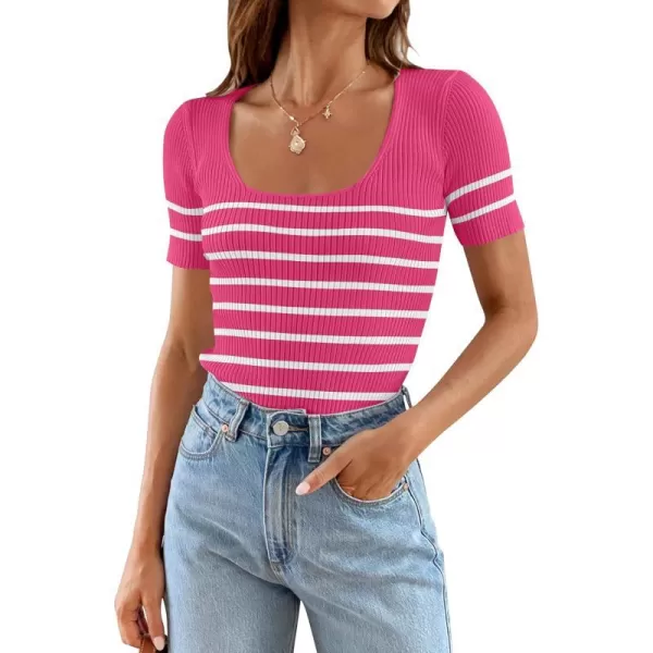 imageZESICA Striped Tops for Women Summer Square Neck Top Basic Slim Tee Shirts Fashion 2024 Trendy ClothesRose