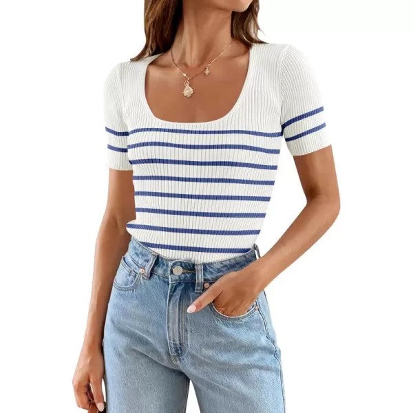 imageZESICA Striped Tops for Women Summer Square Neck Tops Basic Tee Shirts Fashion 2024 Trendy ClothesBlue
