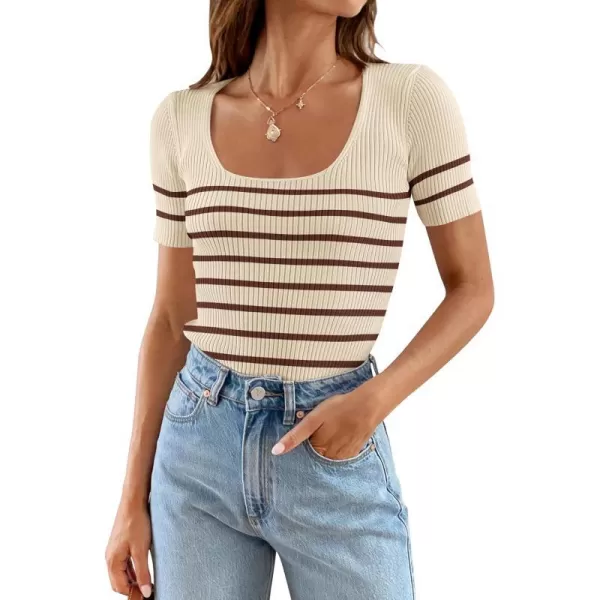 imageZESICA Striped Tops for Women Summer Square Neck Tops Basic Tee Shirts Fashion 2024 Trendy ClothesBrown