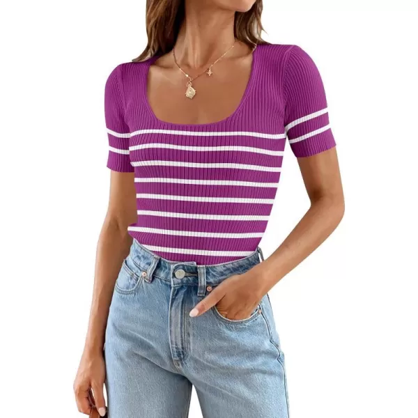 imageZESICA Striped Tops for Women Summer Square Neck Tops Basic Tee Shirts Fashion 2024 Trendy ClothesEggplant