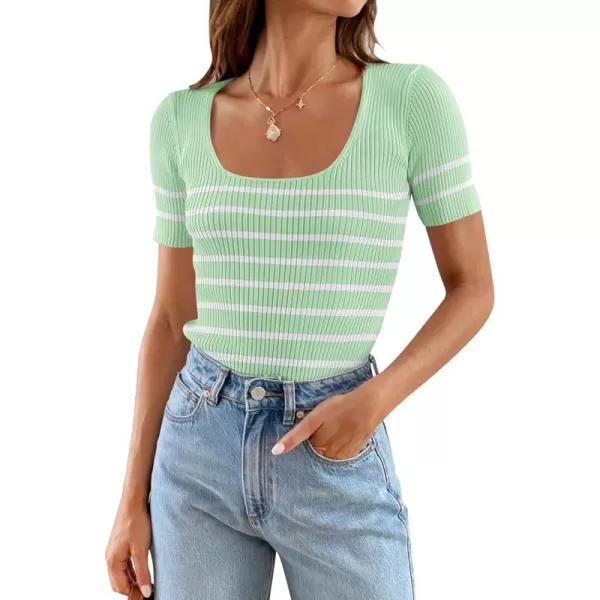 imageZESICA Striped Tops for Women Summer Square Neck Tops Basic Tee Shirts Fashion 2024 Trendy ClothesLightgreen
