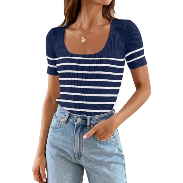 imageZESICA Striped Tops for Women Summer Square Neck Tops Basic Tee Shirts Fashion 2024 Trendy ClothesNavy