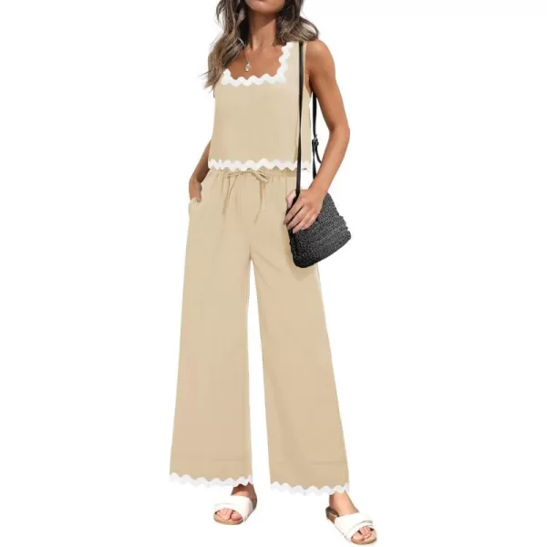 imageZESICA Summer 2 Piece Sets for Women Linen Tank Top and Wide Leg Pants Matching Lounge Sets Spring Outfits TracksuitsApricot