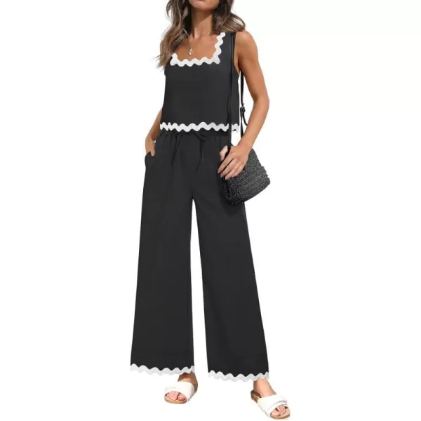 imageZESICA Summer 2 Piece Sets for Women Linen Tank Top and Wide Leg Pants Matching Lounge Sets Spring Outfits TracksuitsBlack