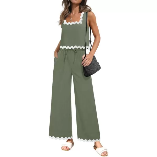 imageZESICA Summer 2 Piece Sets for Women Linen Tank Top and Wide Leg Pants Matching Lounge Sets Spring Outfits TracksuitsGreen