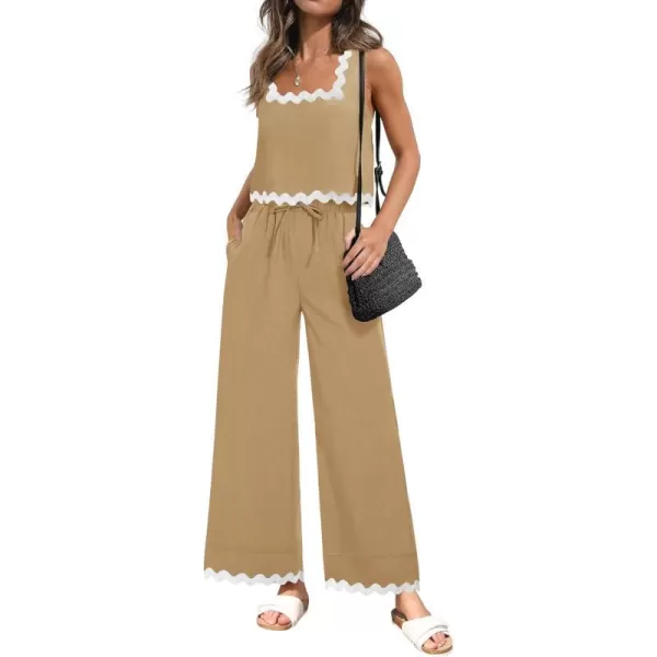 imageZESICA Summer 2 Piece Sets for Women Linen Tank Top and Wide Leg Pants Matching Lounge Sets Spring Outfits TracksuitsKhaki