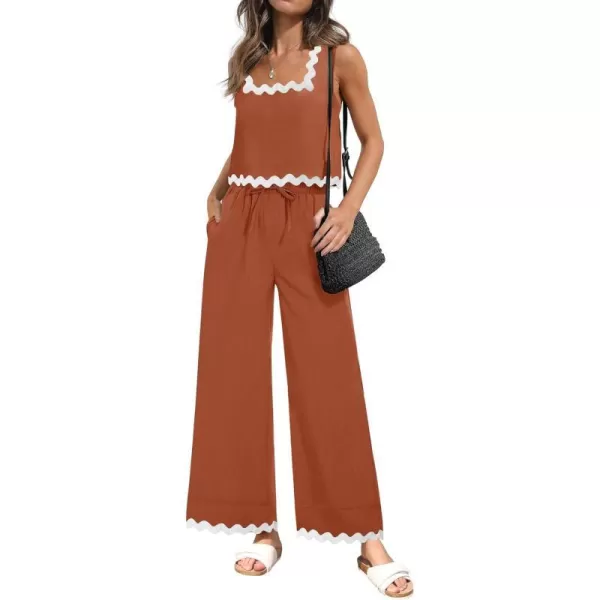imageZESICA Summer 2 Piece Sets for Women Linen Tank Top and Wide Leg Pants Matching Lounge Sets Spring Outfits TracksuitsRust