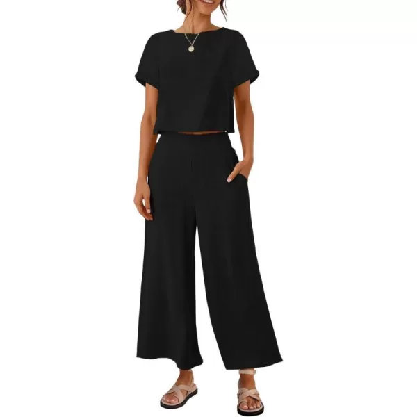 imageZESICA Womens 2 Piece Outfits Linen Short Sleeve Crop Top and High Waist Pants Lounge Matching Set 2023 Trendy ClothesBlack